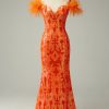 Prom Dresses HELLYMOON | Sequins Off The Shoulder Mermaid Prom Dress With Feathers Orange