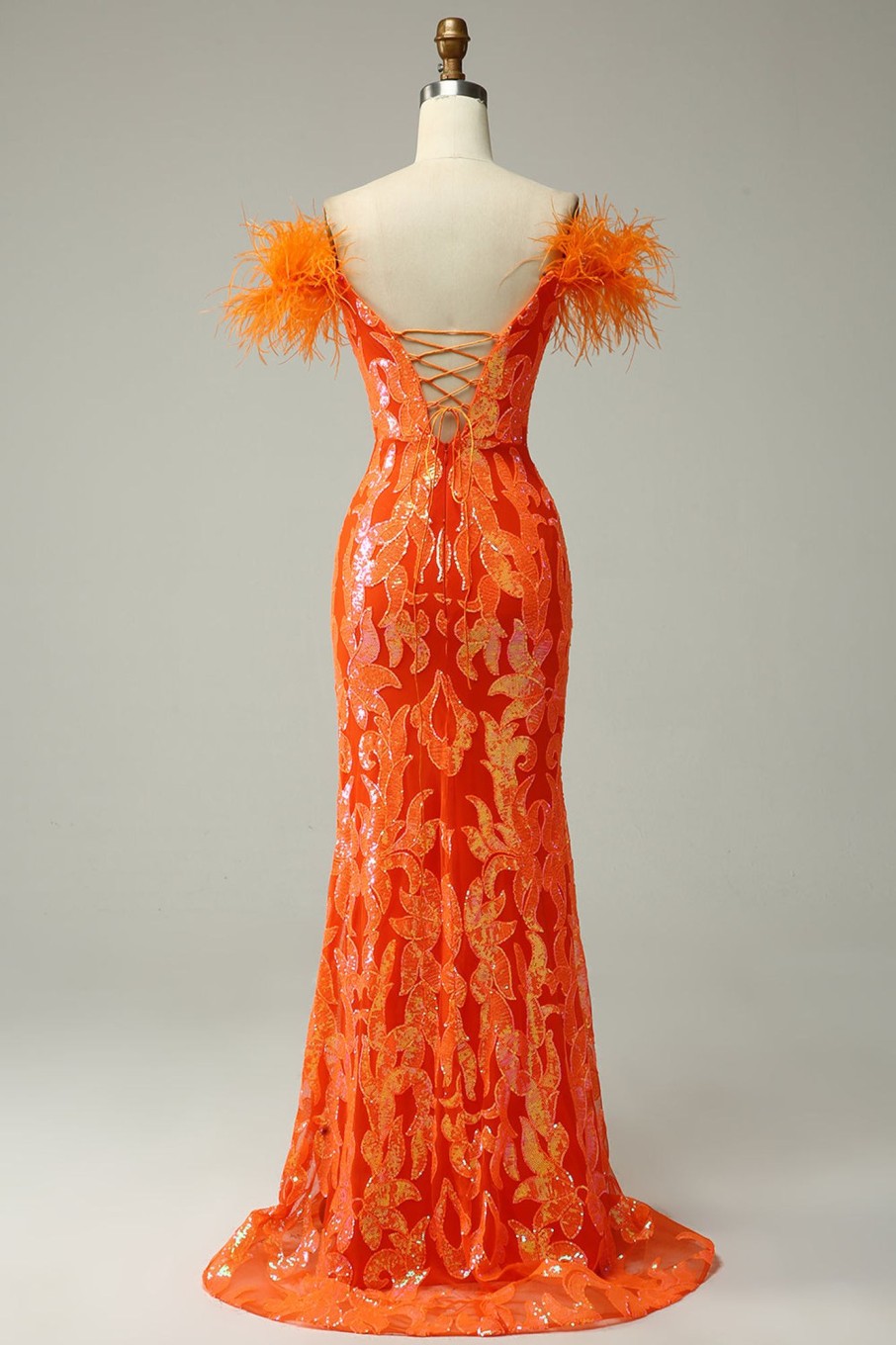 Prom Dresses HELLYMOON | Sequins Off The Shoulder Mermaid Prom Dress With Feathers Orange