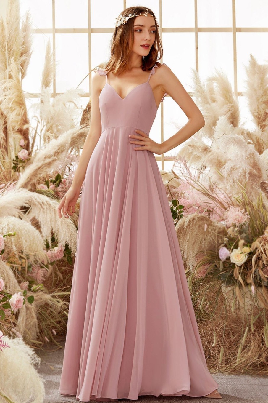 Partywear HELLYMOON | Blush Spaghetti Straps Chiffon Bridesmaid Dress