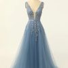 Prom Dresses HELLYMOON | Tulle A Line Prom Dress With Appliques Blue