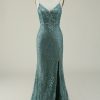 Special Occasion HELLYMOON | Spaghetti Straps Glitter Prom Dress With Appliques Green