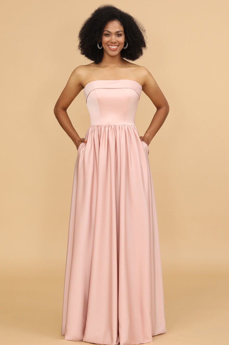 Partywear HELLYMOON | A Line Strapless Satin Long Bridesmaid Dress