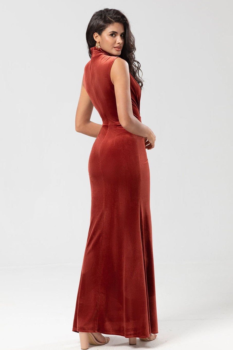 Partywear HELLYMOON | Sweetest Admirer Mermaid High Neck Velvet Long Bridesmaid Dress Terracotta