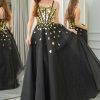 Prom Dresses HELLYMOON | En A-Line Tulle Spaghetti Straps Corset Prom Dress Black Gold