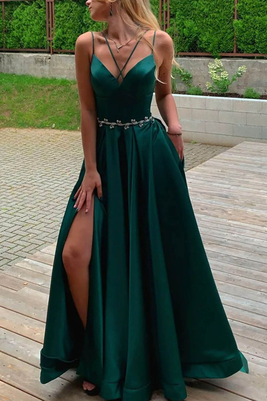 Special Occasion HELLYMOON | A Line Spaghetti Straps Satin Prom Dress With Pockets Green