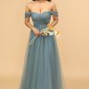 Partywear HELLYMOON | Off The Shoulder Tulle Bridesmaid Dress With Ruffles Grey Blue