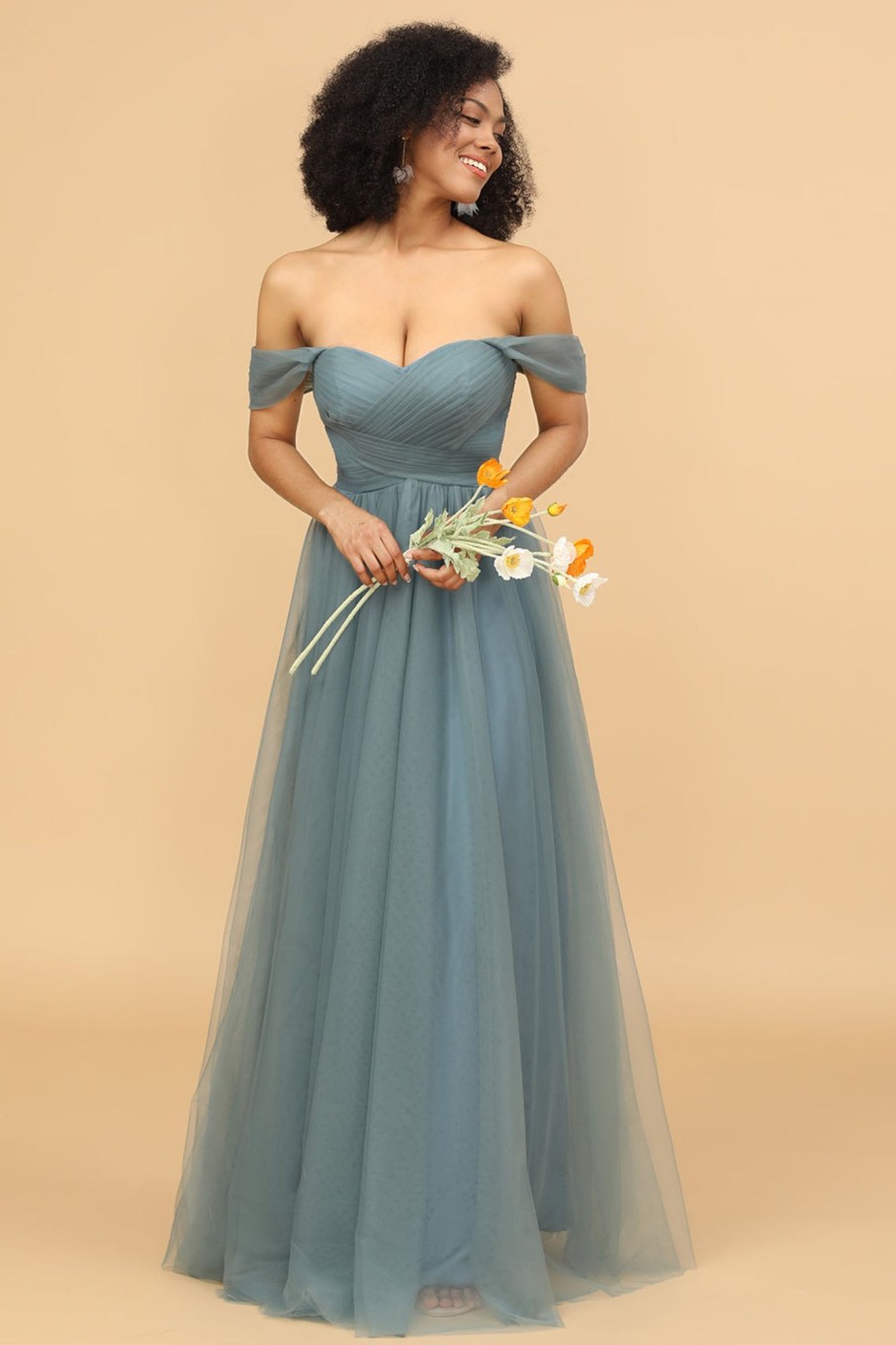 Partywear HELLYMOON | Off The Shoulder Tulle Bridesmaid Dress With Ruffles Grey Blue