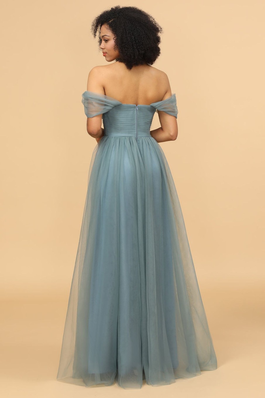 Partywear HELLYMOON | Off The Shoulder Tulle Bridesmaid Dress With Ruffles Grey Blue