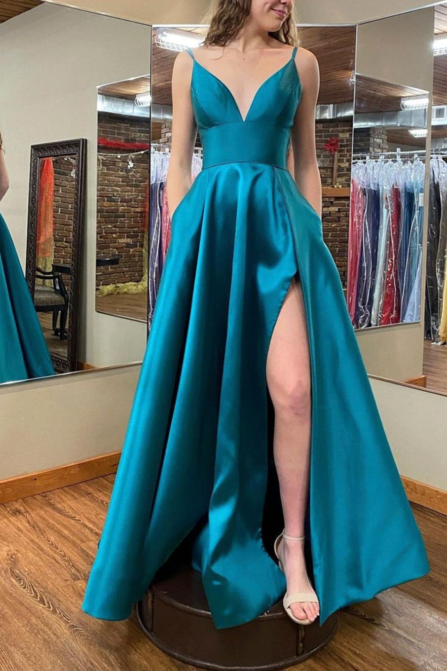 Special Occasion HELLYMOON | Blue A-Line Simple Prom Dress With Slit Peacock Blue