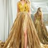 Prom Dresses HELLYMOON | Sparkly A-Line V-Neck Long Pleated Prom Dress With Slit Golden