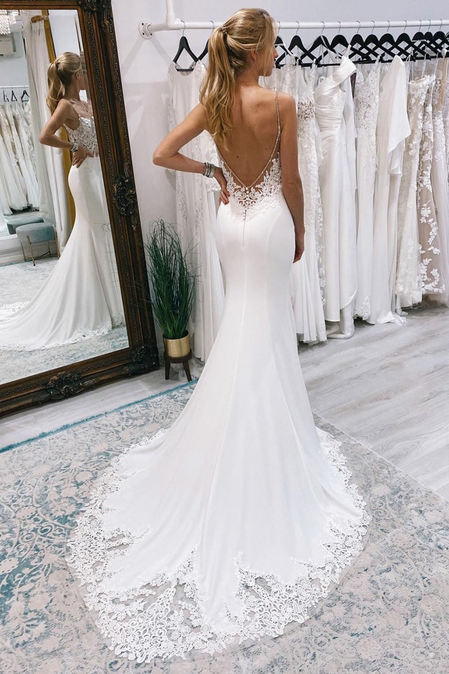 Wedding Dresses HELLYMOON | Mermaid Sweep Train Boho Long Mermaid Wedding Dress With Lace White