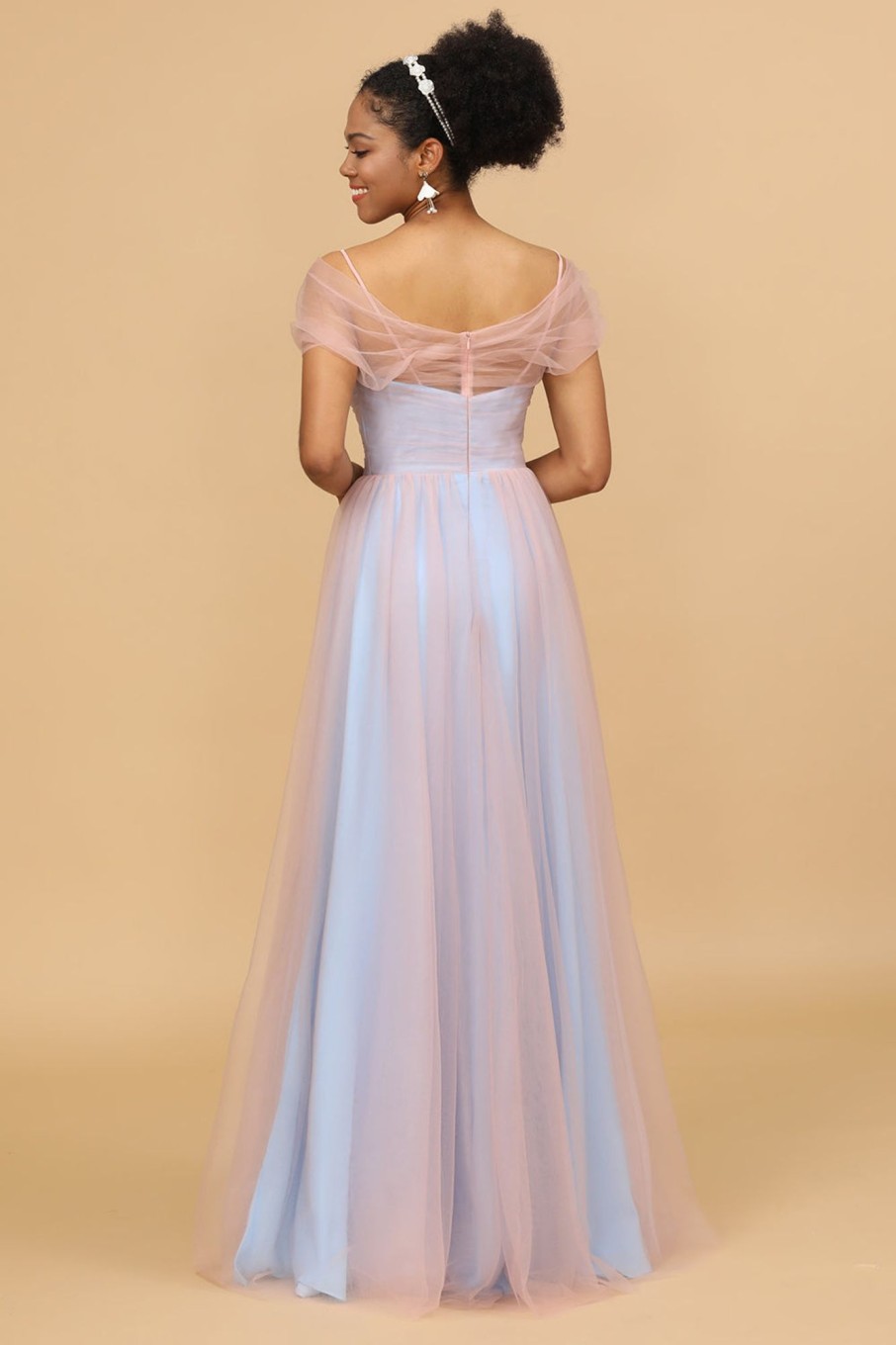 Partywear HELLYMOON | A Line Spaghetti Straps Blue Tulle Long Bridesmaid Dress Blue Pink