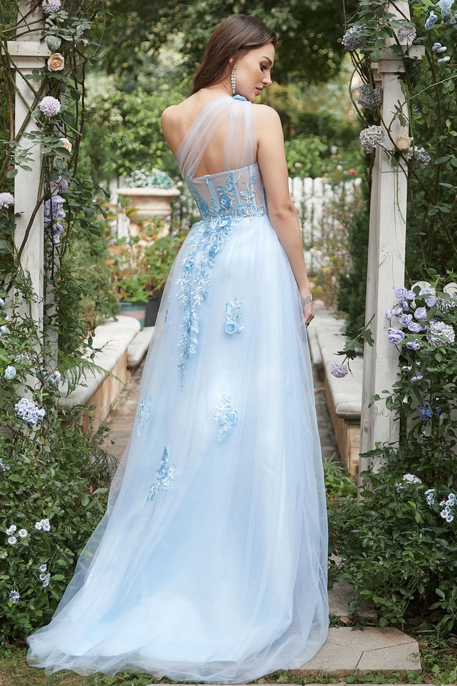 Prom Dresses HELLYMOON | One Shoulder A Line Tulle Prom Dress With Beading Blue