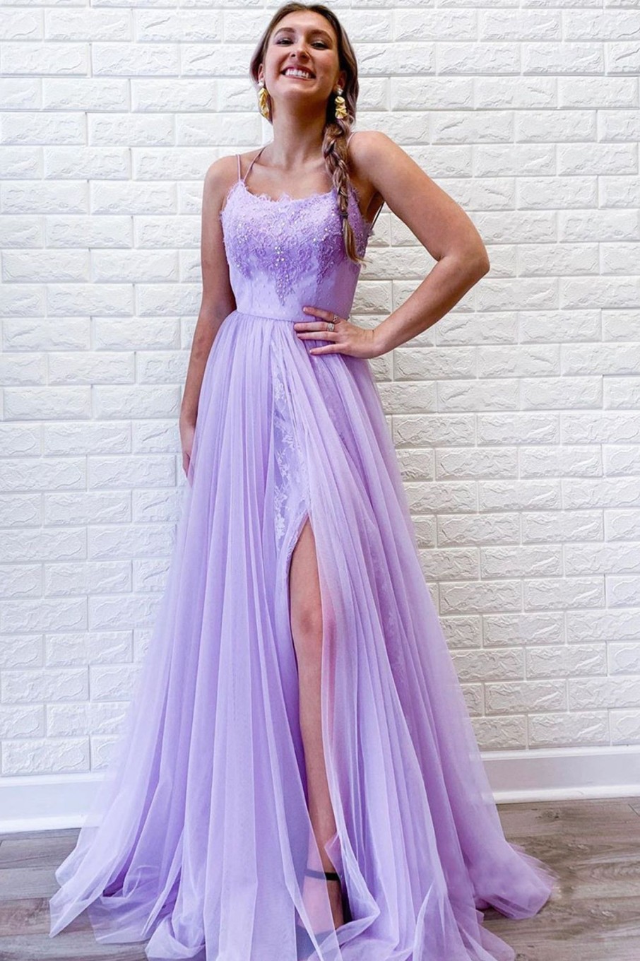 Special Occasion HELLYMOON | Lavender A Line Tulle Princess Prom Dress With Slit Lightpurple