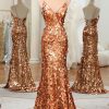 Prom Dresses HELLYMOON | Sparkly Mermaid Spaghetti Straps Sequin Prom Dress With Slit Rose Golden