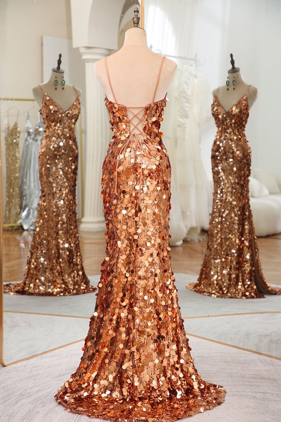 Prom Dresses HELLYMOON | Sparkly Mermaid Spaghetti Straps Sequin Prom Dress With Slit Rose Golden