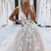 Wedding Dresses HELLYMOON | A-Line V-Neck Long Tulle Wedding Dress With Appliques Ivory