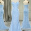 Prom Dresses HELLYMOON | Mermaid Spaghetti Straps Corset Long Prom Dress With Sequins Light Blue