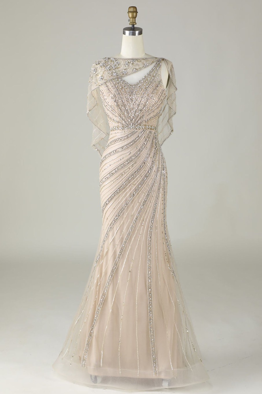 Prom Dresses HELLYMOON | Sparkly Beaded Mermaid Long Prom Dress With Wrap Champagne