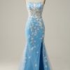 Special Occasion HELLYMOON | Spaghetti Straps Corset Prom Dress With Appliques Blue