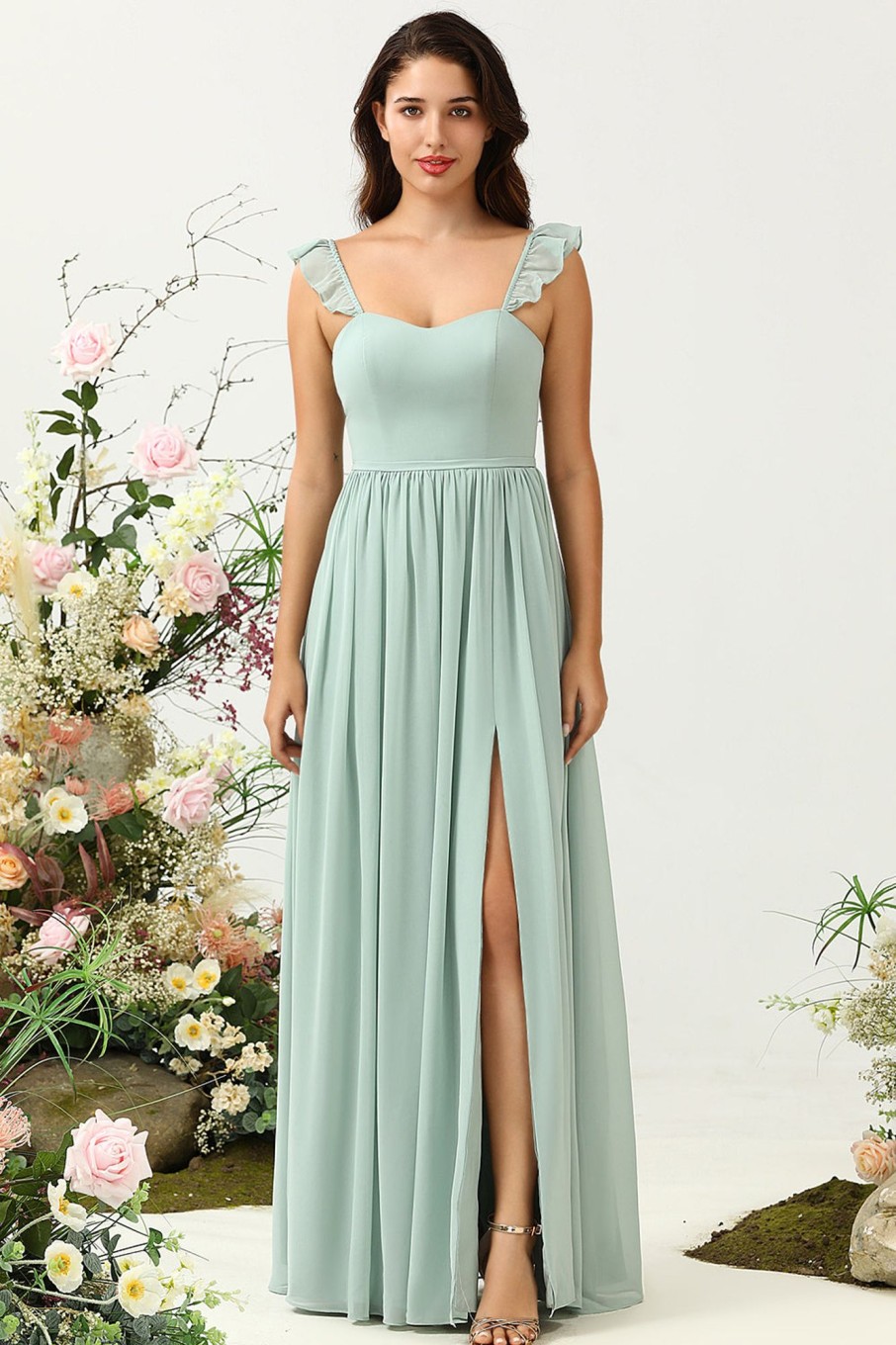 Partywear HELLYMOON | A Line Spaghetti Straps Long Bridesmaid Dress With Ruffles