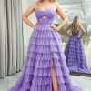 Prom Dresses HELLYMOON | A Line Spaghetti Straps Tulle Long Tiered Prom Dress With Slit Purple