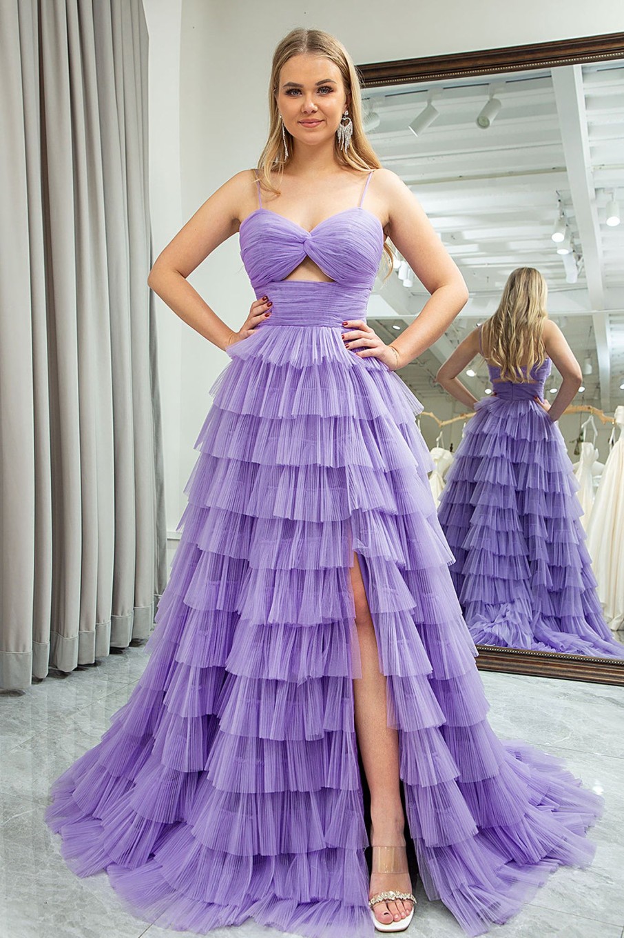 Prom Dresses HELLYMOON | A Line Spaghetti Straps Tulle Long Tiered Prom Dress With Slit Purple