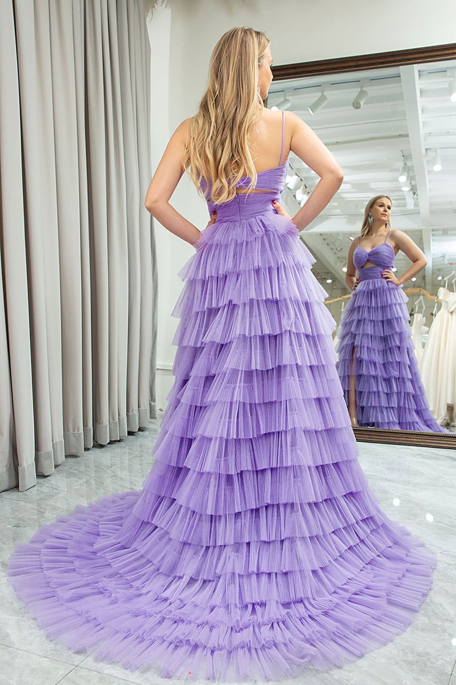 Prom Dresses HELLYMOON | A Line Spaghetti Straps Tulle Long Tiered Prom Dress With Slit Purple