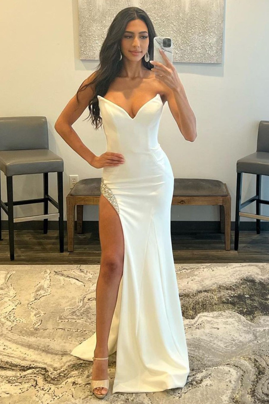 Special Occasion HELLYMOON | Strapless Beading Mermaid Prom Dress With Slit White