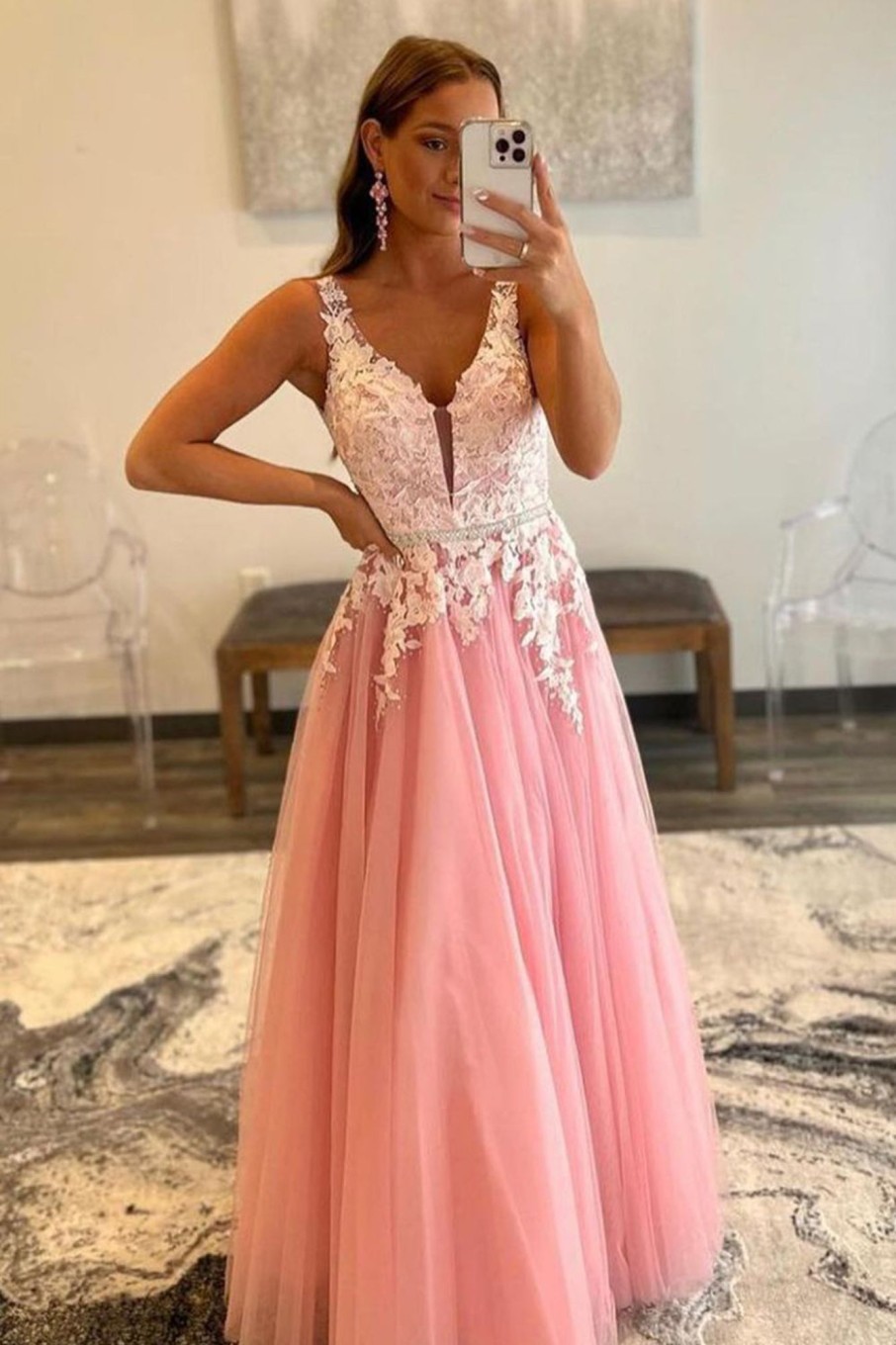 Special Occasion HELLYMOON | A Line Tulle Prom Dress With Appliques Pink