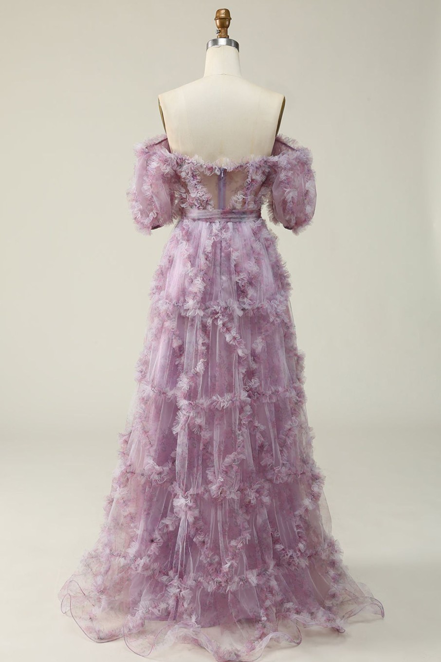 Special Occasion HELLYMOON | Off The Shoulder A Line Tulle Floral Prom Dress With Ruffles Purple