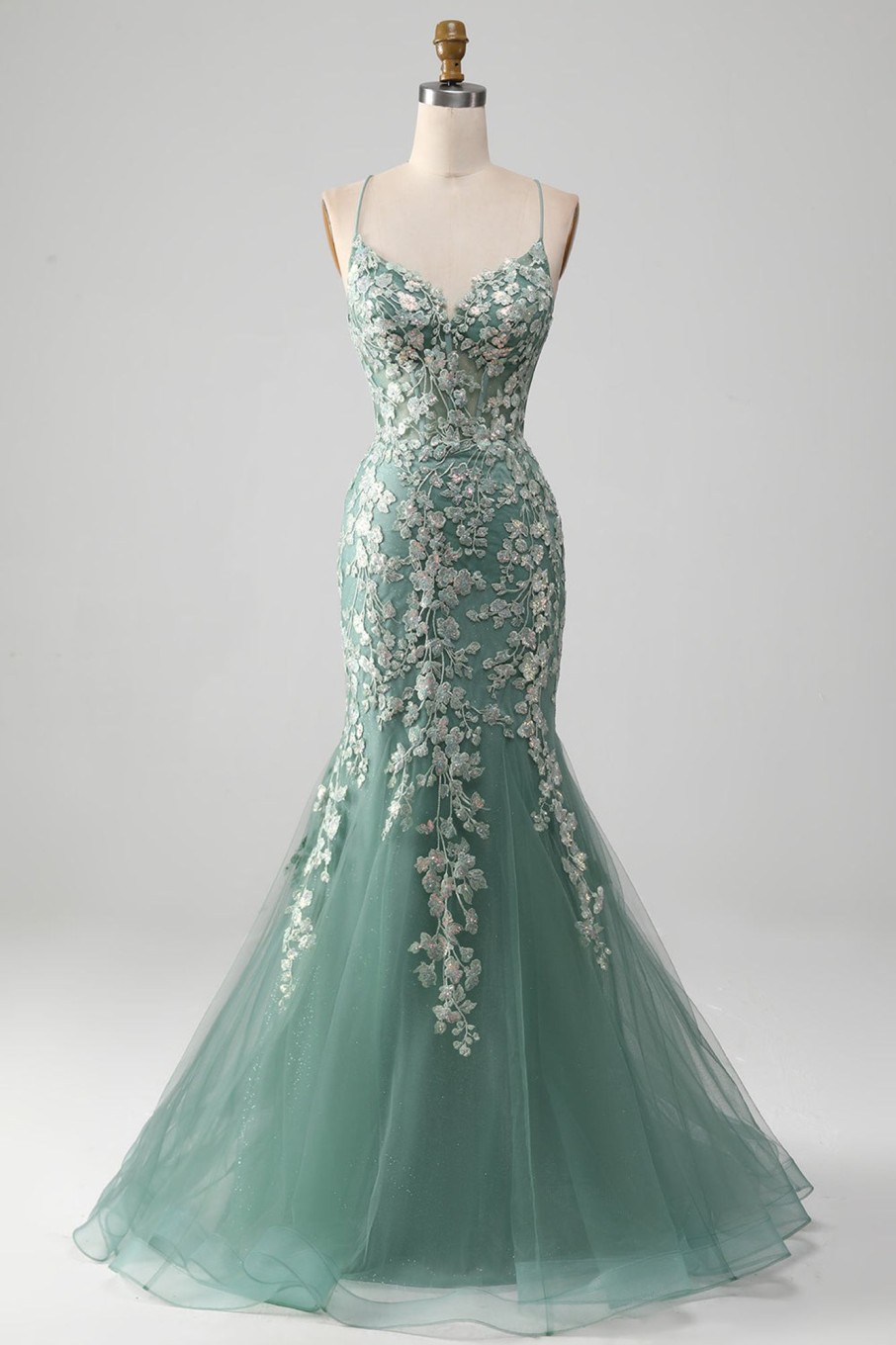 Prom Dresses HELLYMOON | Mermaid Lace-Up Back Prom Dress With Appliques Light Green