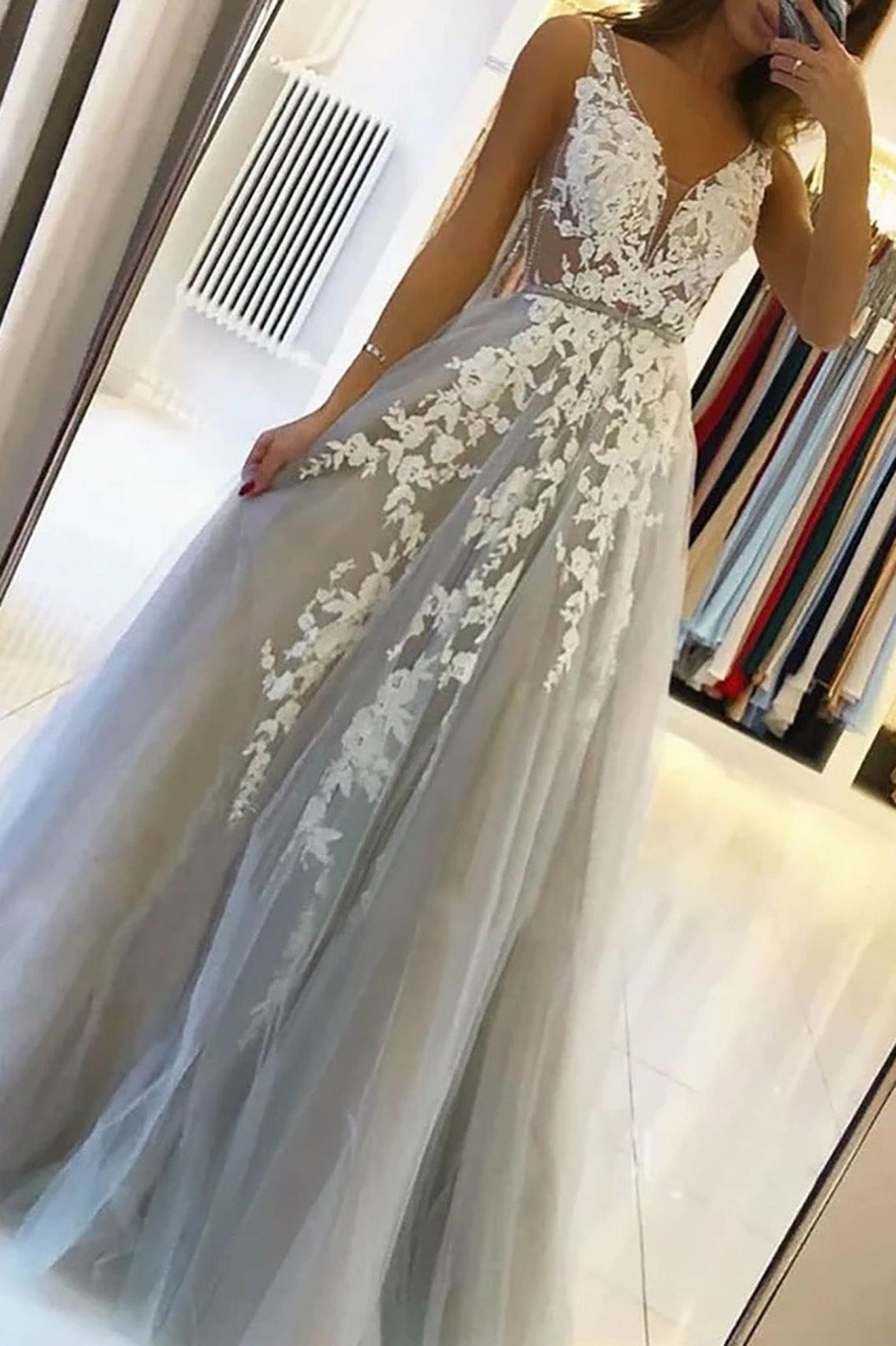 Prom Dresses HELLYMOON | Tulle Backless A Line Prom Dress Grey