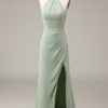 Prom Dresses HELLYMOON | Halter Neck Sheath Pleated Bridesmaid Dress With Slit