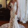 Wedding Dresses HELLYMOON | Illusion Boat Neck Mermaid Long Lace Wedding Dress Champagne