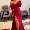 Prom Dresses HELLYMOON | Off The Shoulder Fringes Satin Prom Dress With Slit Red