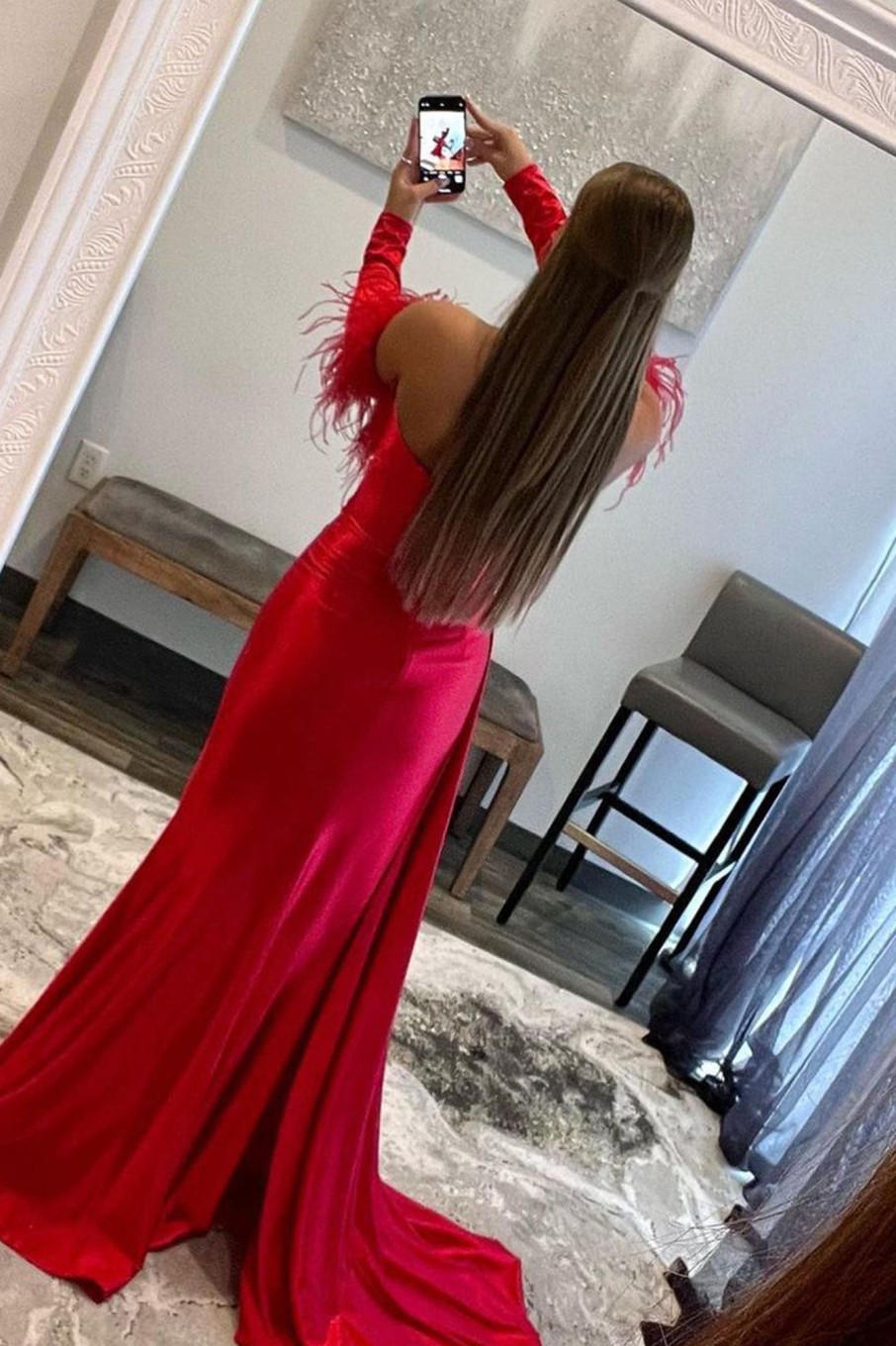 Prom Dresses HELLYMOON | Off The Shoulder Fringes Satin Prom Dress With Slit Red