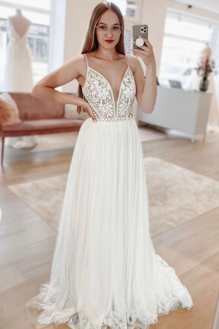 Wedding Dresses HELLYMOON | Simple A-Line Boho Long Chiffon Wedding Dress With Lace White