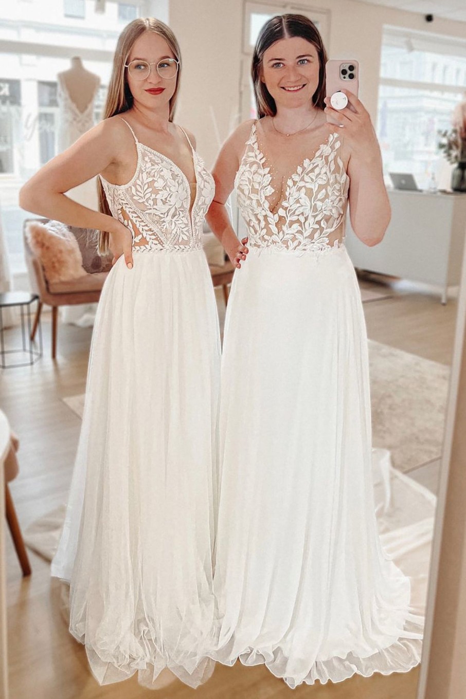 Wedding Dresses HELLYMOON | Simple A-Line Boho Long Chiffon Wedding Dress With Lace White