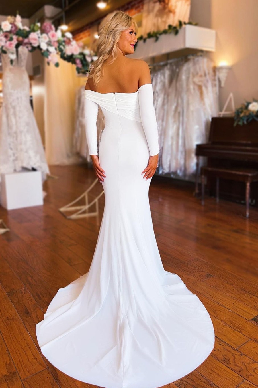 Wedding Dresses HELLYMOON | Simple Boho Mermaid Long Wedding Dress With Sleeves White