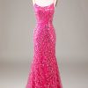 Prom Dresses HELLYMOON | Hot Pink Sequins & Beaded Mermaid Prom Dress With Backless Fuchsia