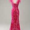 Prom Dresses HELLYMOON | Mermaid Deep V Neck Sequins Long Prom Dress With Feathers Fuchsia