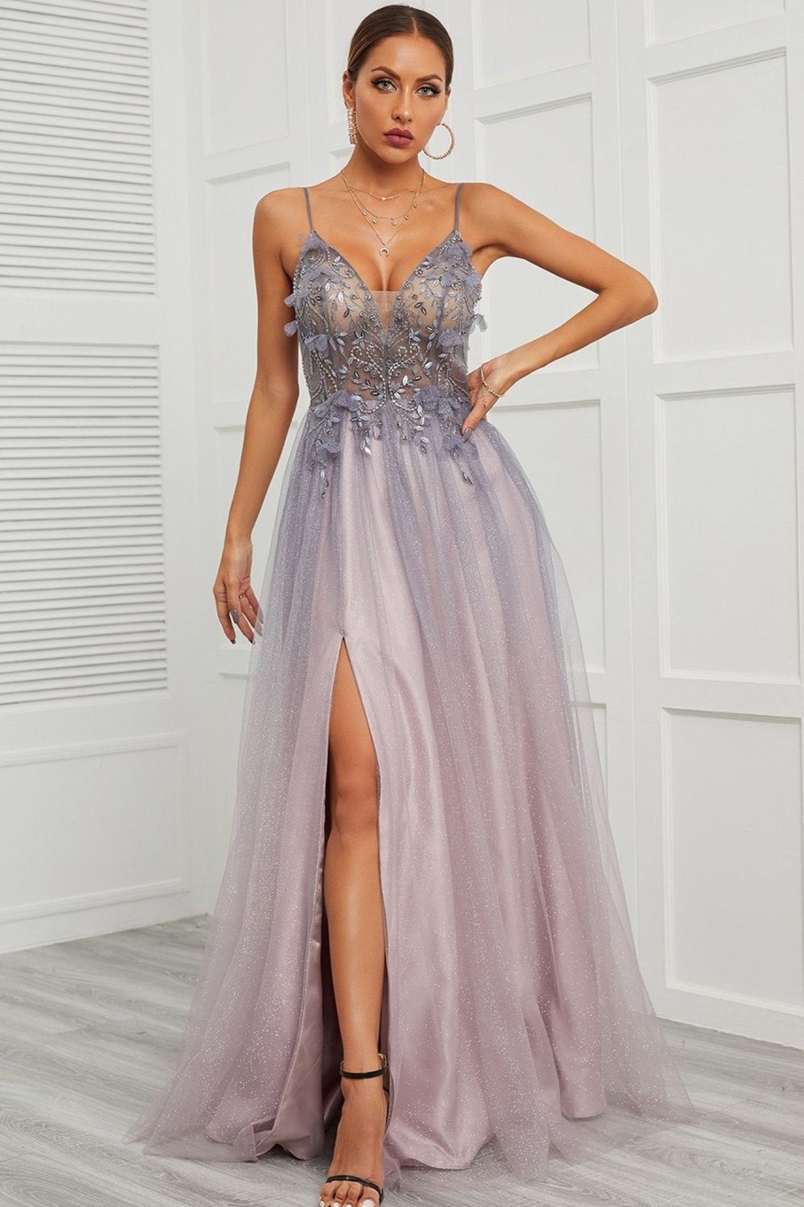 Special Occasion HELLYMOON | Spaghetti Straps Appliques Long Prom Dress With Split Front Purple