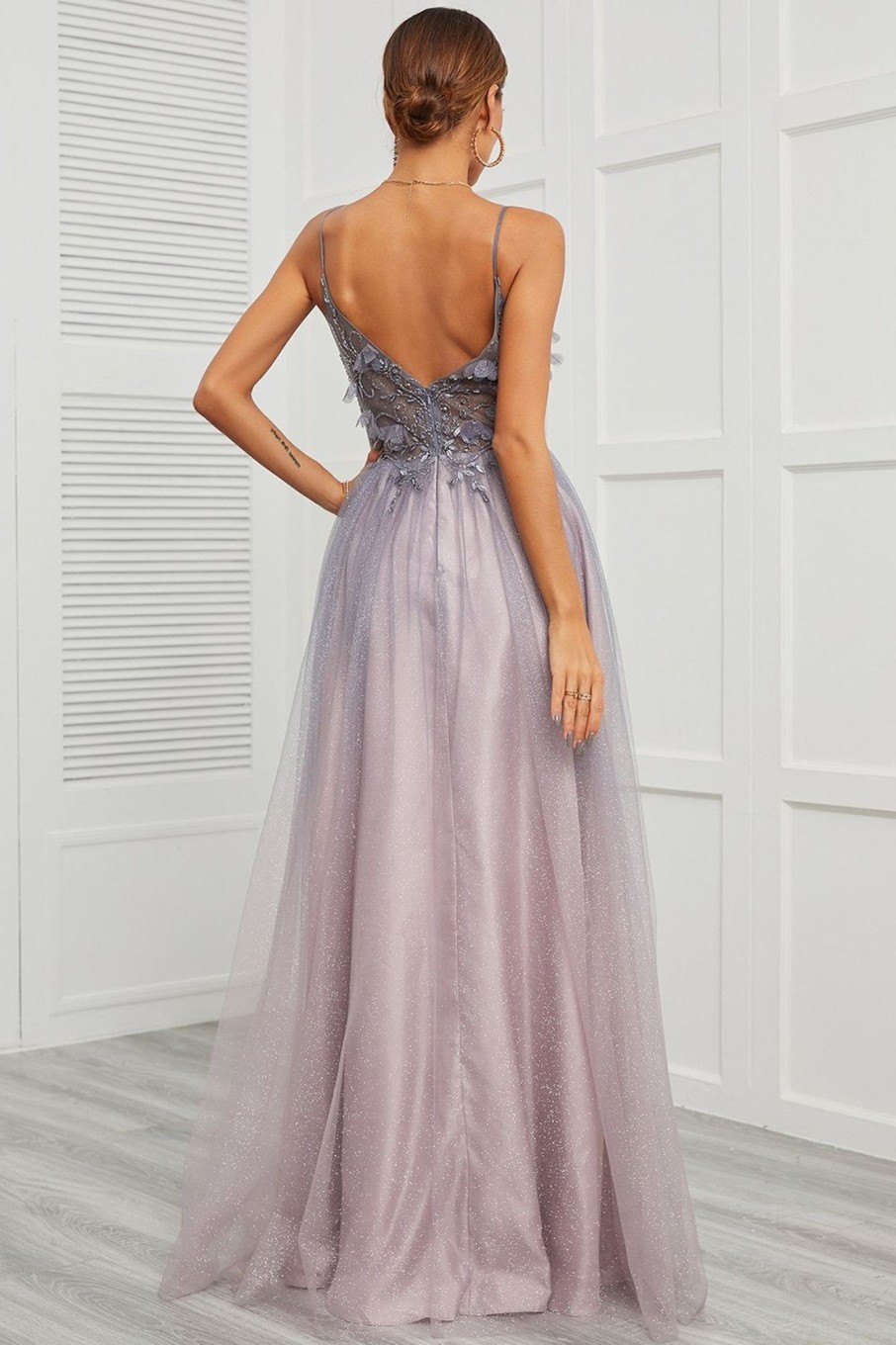 Special Occasion HELLYMOON | Spaghetti Straps Appliques Long Prom Dress With Split Front Purple